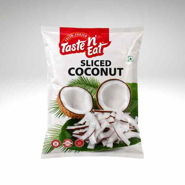 A package of Taste 'n Eat Sliced Coconut, featuring a white bag with a red brand logo, black text, and illustrations of fresh coconuts and sliced white coconut on green leaves, set against a light gray gradient background.