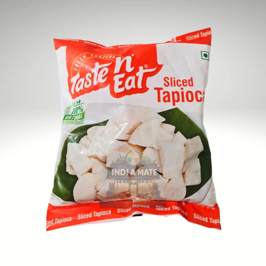 Taste N Eat Sliced Tapioca (Cassava) packaging featuring premium-quality frozen cassava for traditional South Indian recipes.