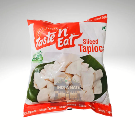 Taste N Eat Sliced Tapioca (Cassava) packaging featuring premium-quality frozen cassava for traditional South Indian recipes.