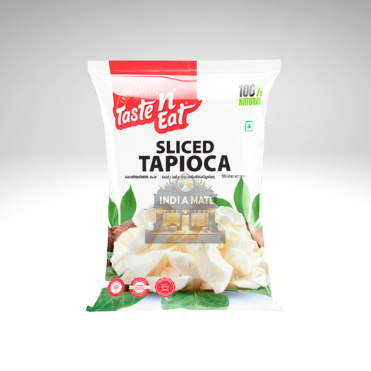 Packaging of Taste 'N Eat Sliced Tapioca on a white background