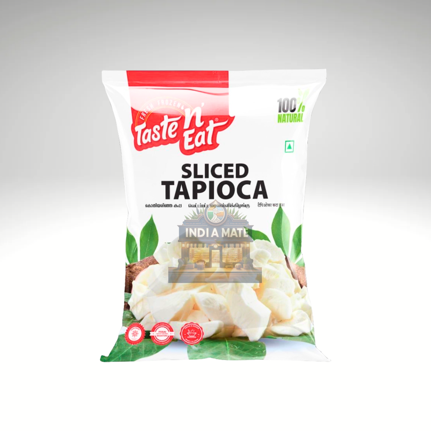 Taste N Eat Sliced Tapioca (Cassava) packaging featuring premium-quality frozen cassava for traditional South Indian recipes.