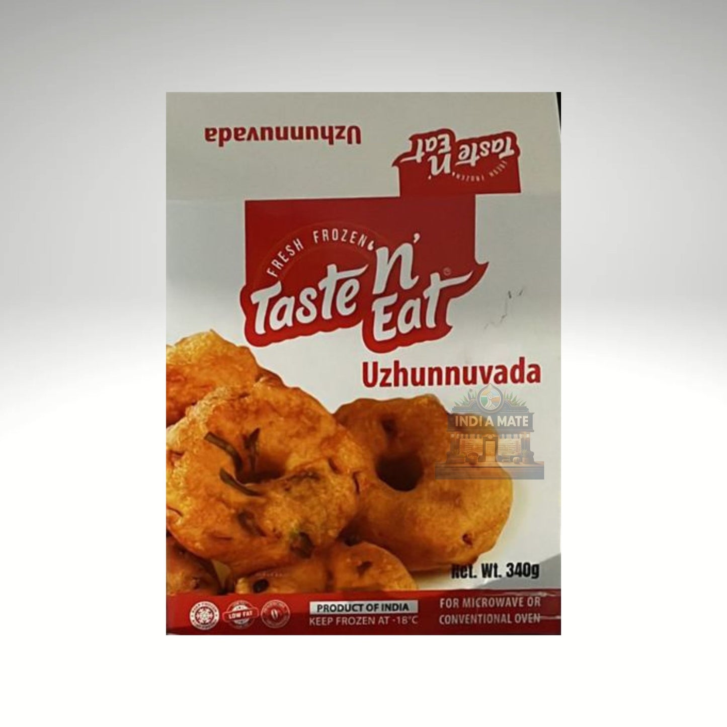 Taste N Eat Uzhunnuvada packaging featuring crispy, golden-brown urad dal fritters for a delicious South Indian snack.