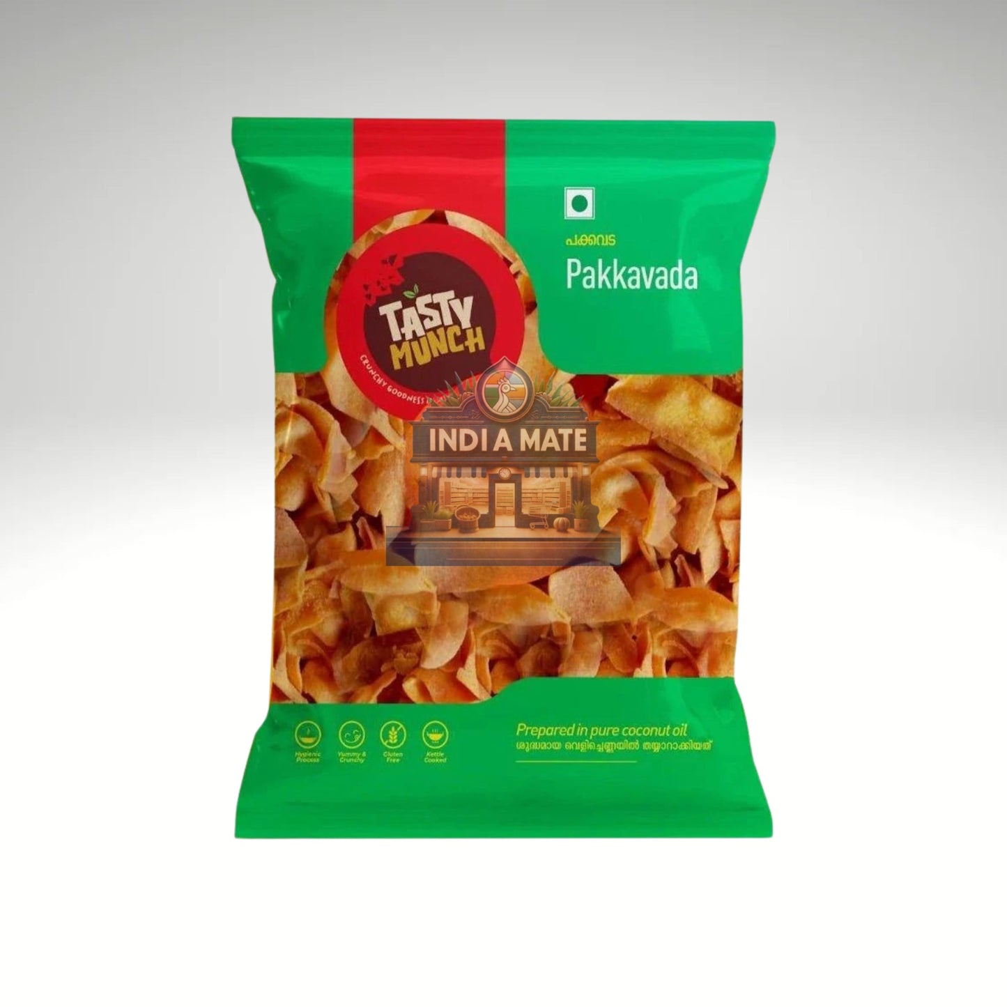 Tasty Munch Pakkavada packaging featuring crispy, golden-brown, spicy gram flour snack sticks.