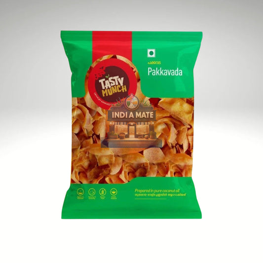 Tasty Munch Pakkavada packaging featuring crispy, golden-brown, spicy gram flour snack sticks.