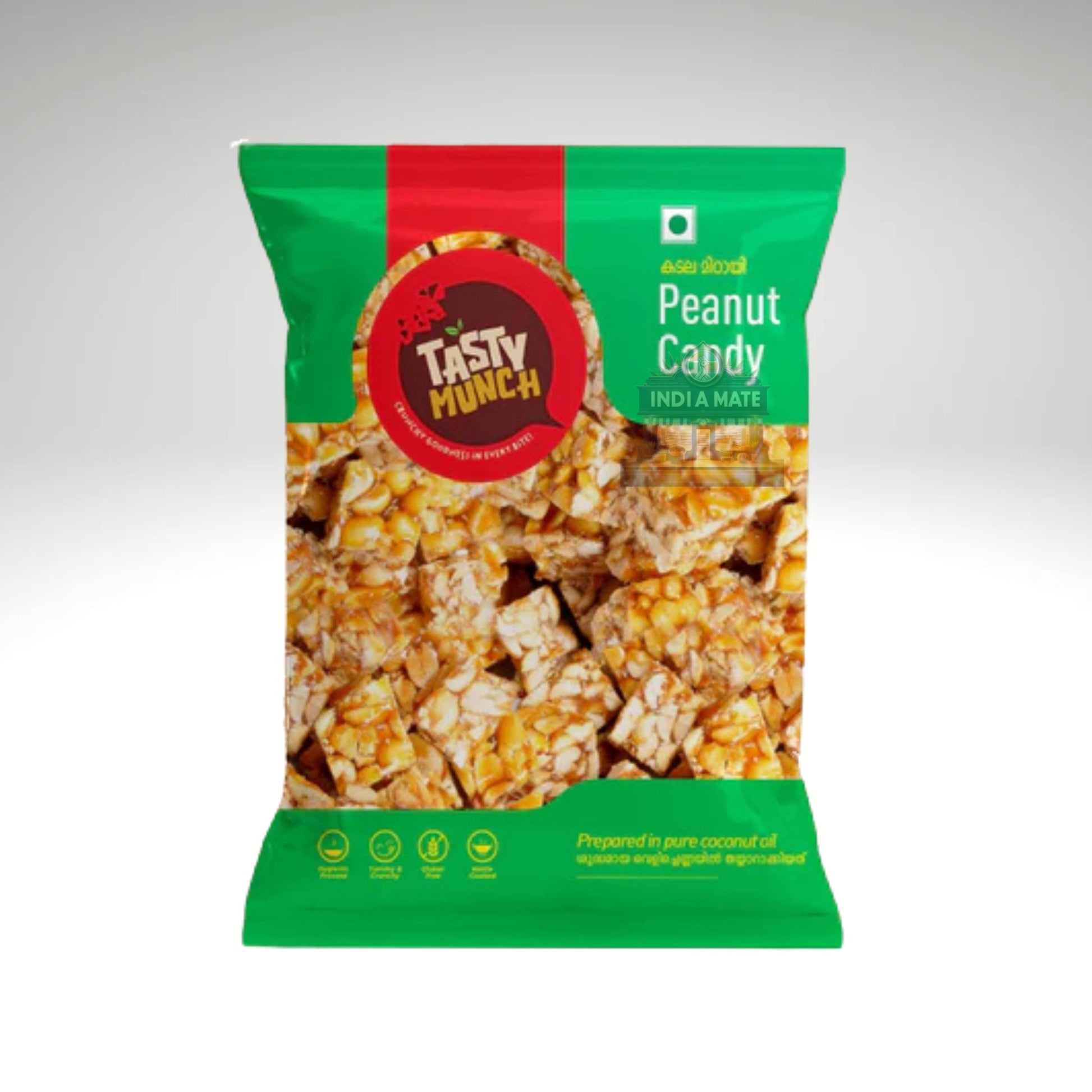 Tasty Munch Peanut Candy Bar packaging featuring a crunchy, sweet peanut and jaggery snack.