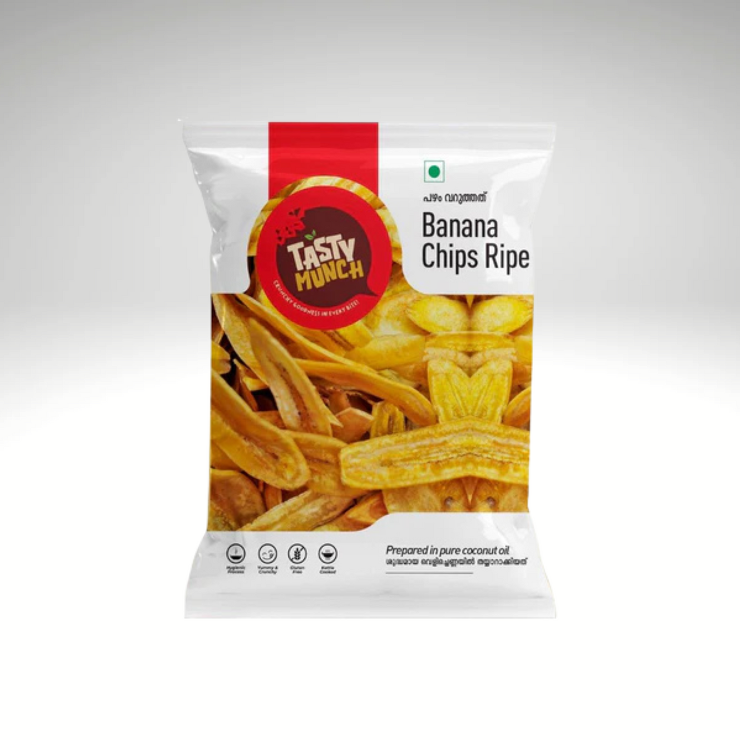 Tasty Much Ripe Banana Chips packet featuring crispy, golden banana chips, with a colourful label highlighting the authentic, rich flavour of ripe bananas, perfect for snacking.