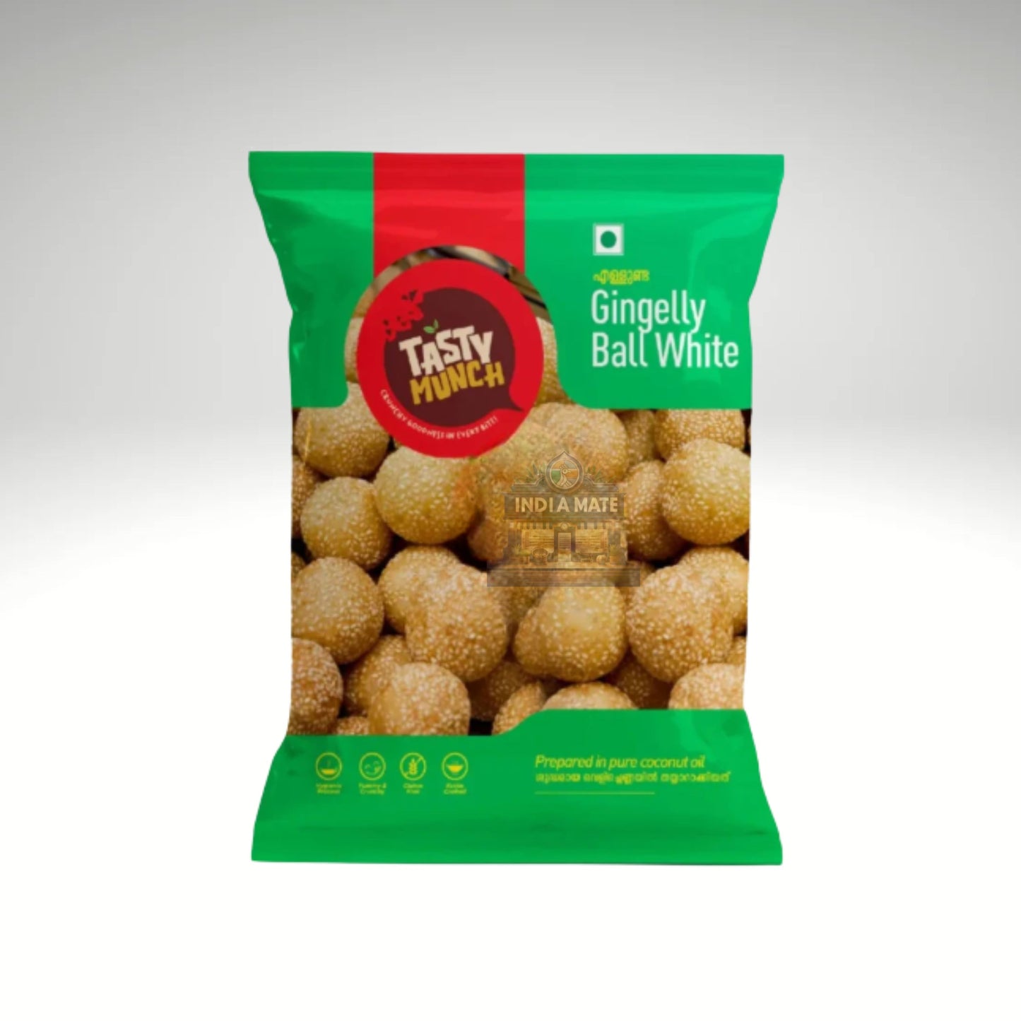 Tasty Munch Sesame Ball White (Ellunda) packaging featuring traditional Kerala-style sesame and jaggery sweet balls.