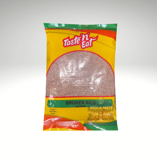 Packaged broken rice with 'Taste N' Eat' branding on a white background