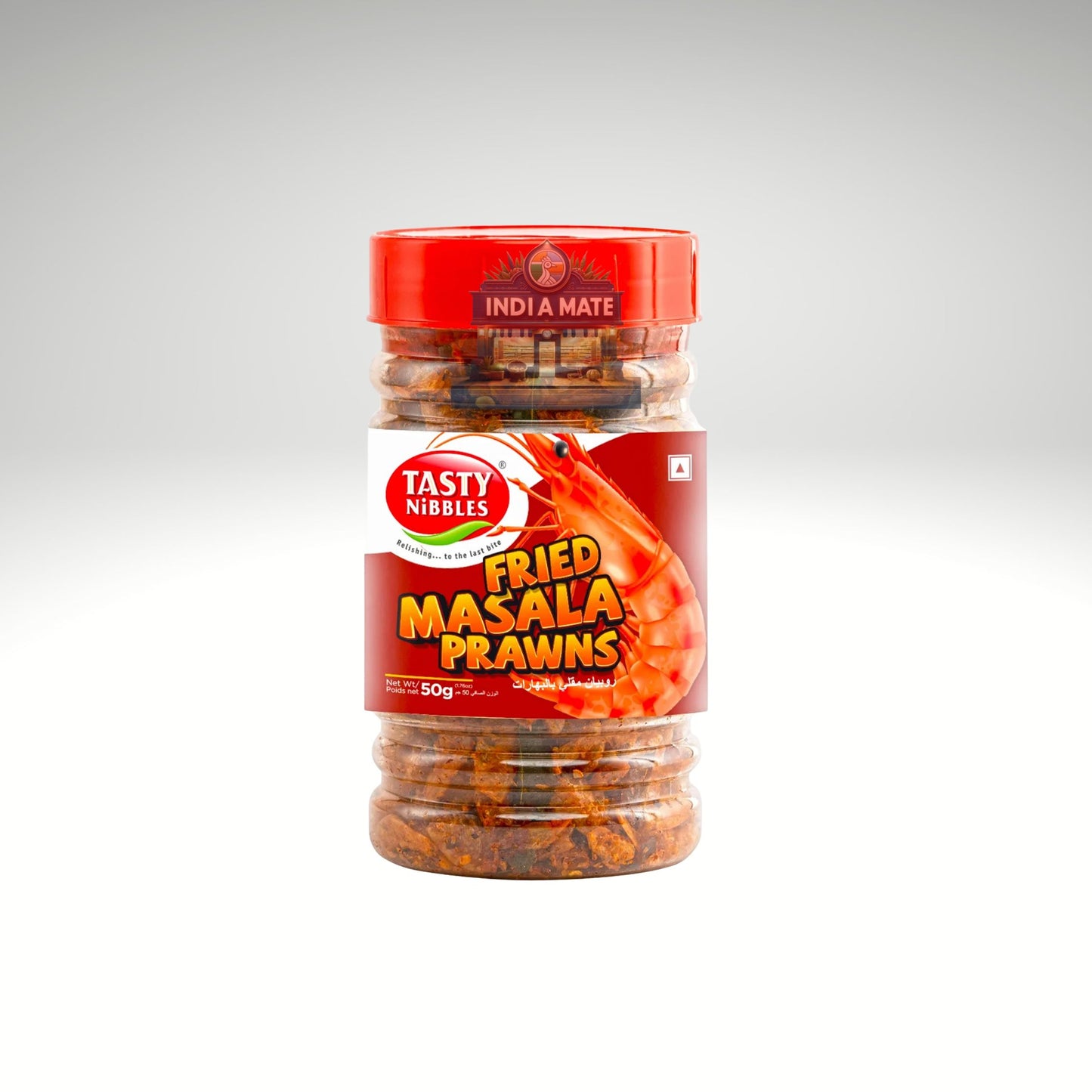 Jar of tasty nibbles fried masala prawns with a red lid on a white background.
