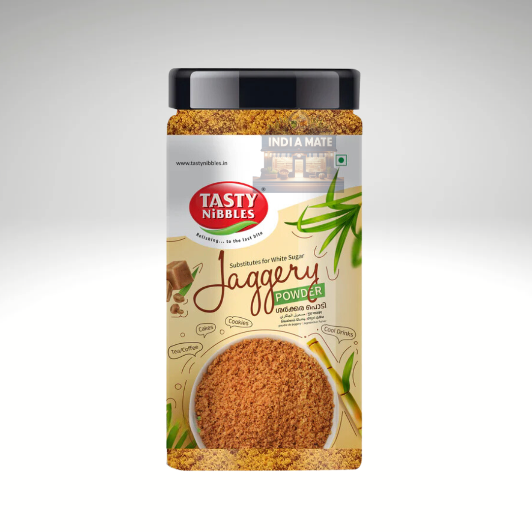 Tasty Nibbles Jaggery Powder, natural and organic sweetener made from cane sugar, presented in attractive packaging with brand logo and product information.