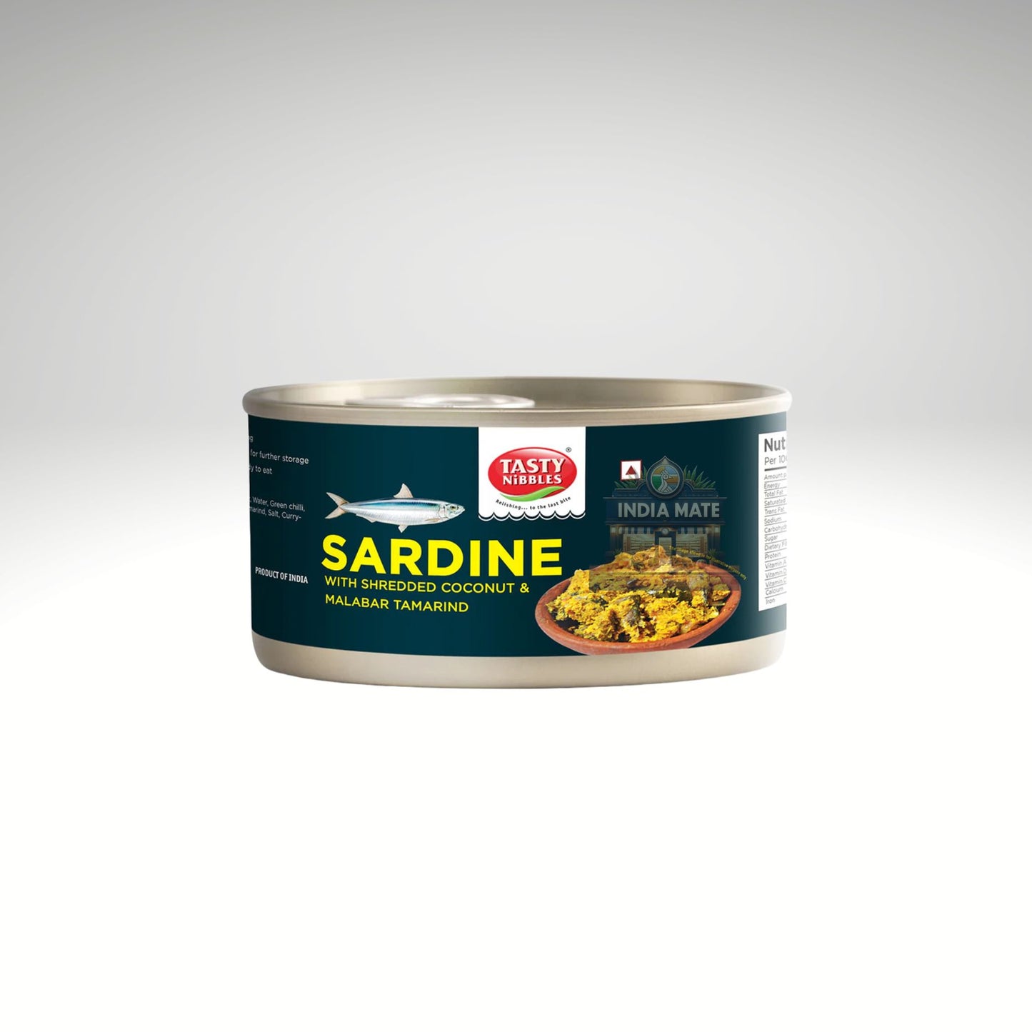 Can of Tasty Nibbles Ready-to-Eat Sardine with Shredded Coconut and Malabar Tamarind on a white background.