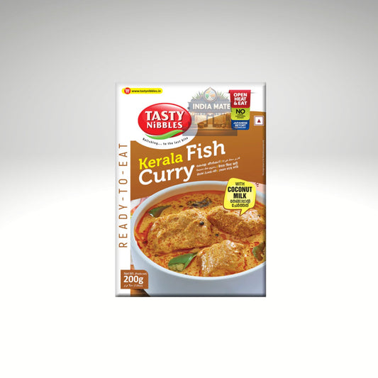Tasty Nibbles Kerala Fish Curry with coconut milk packaging on a white background.