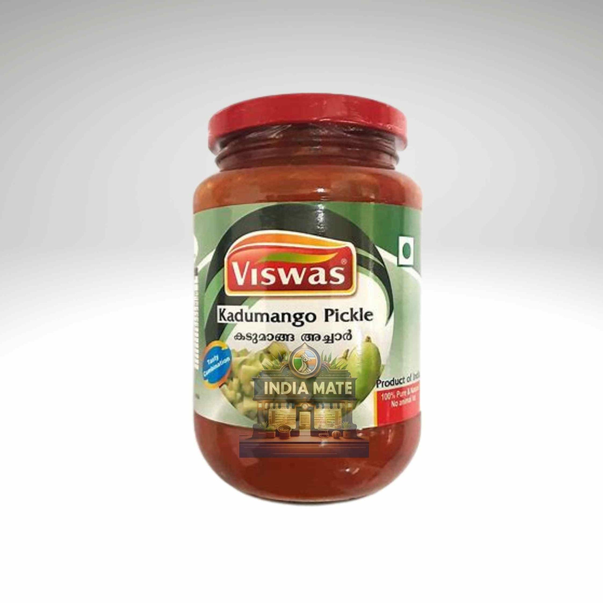 Jar of Viswas Kadumango Pickle on a white background