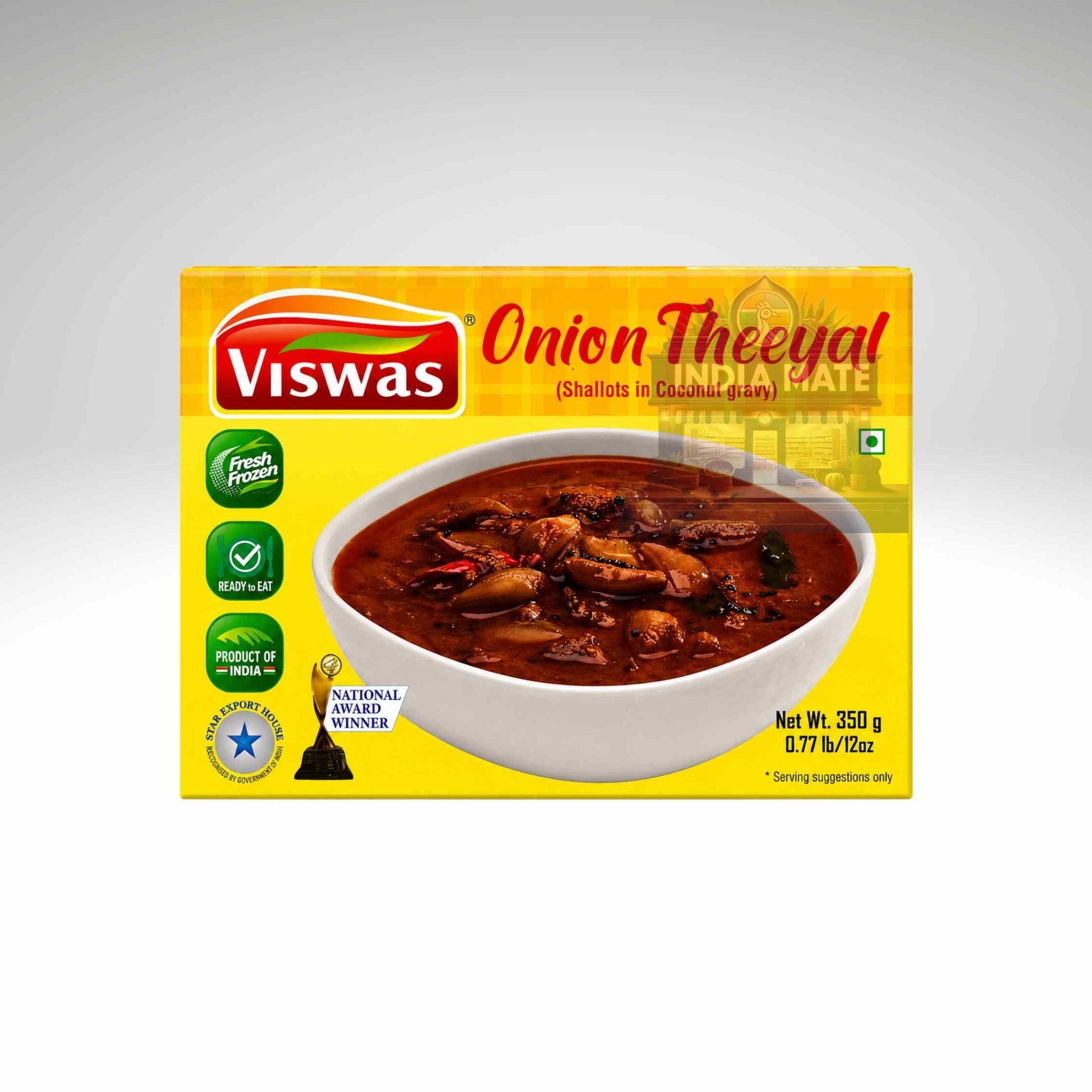 Viswas Onion Theeyal package with a bowl of curry on a yellow background