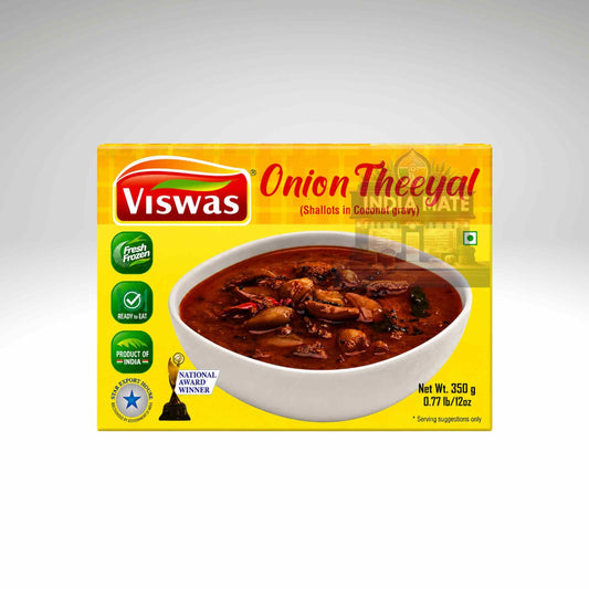Viswas Onion Theeyal package with a bowl of curry on a yellow background