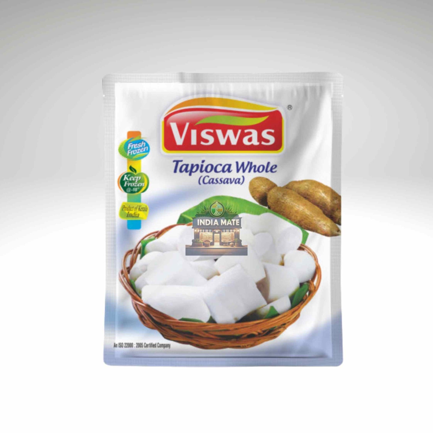 Viswas tapioca whole package with a basket of white tapioca and cassava roots on a white background