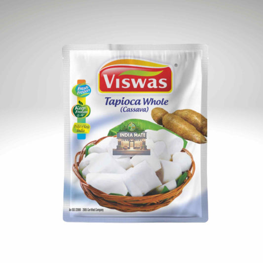 Viswas tapioca whole package with a basket of white tapioca and cassava roots on a white background