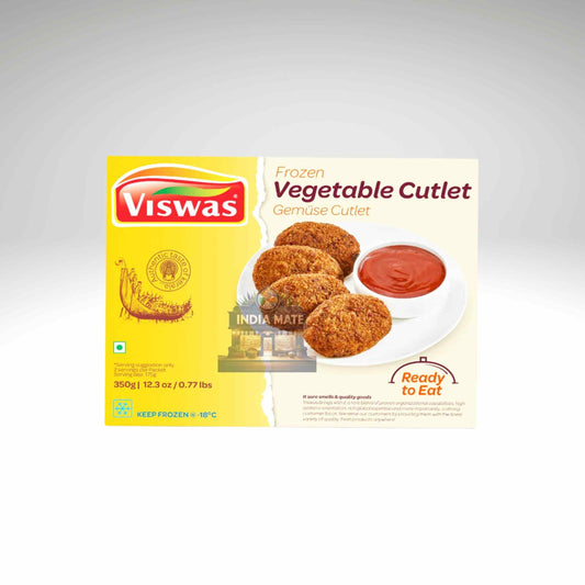 Viswas Vegetable Cutlet packaging with cutlets and ketchup on a white background
