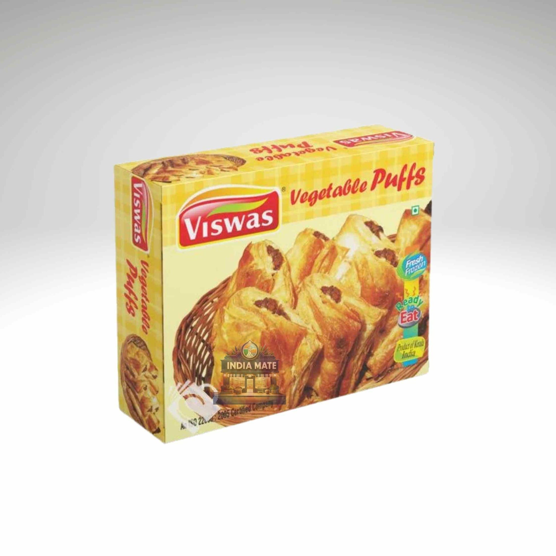 Box of Viswas Vegetable Puffs on a white background