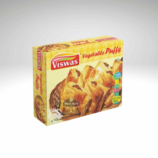 Box of Viswas Vegetable Puffs on a white background