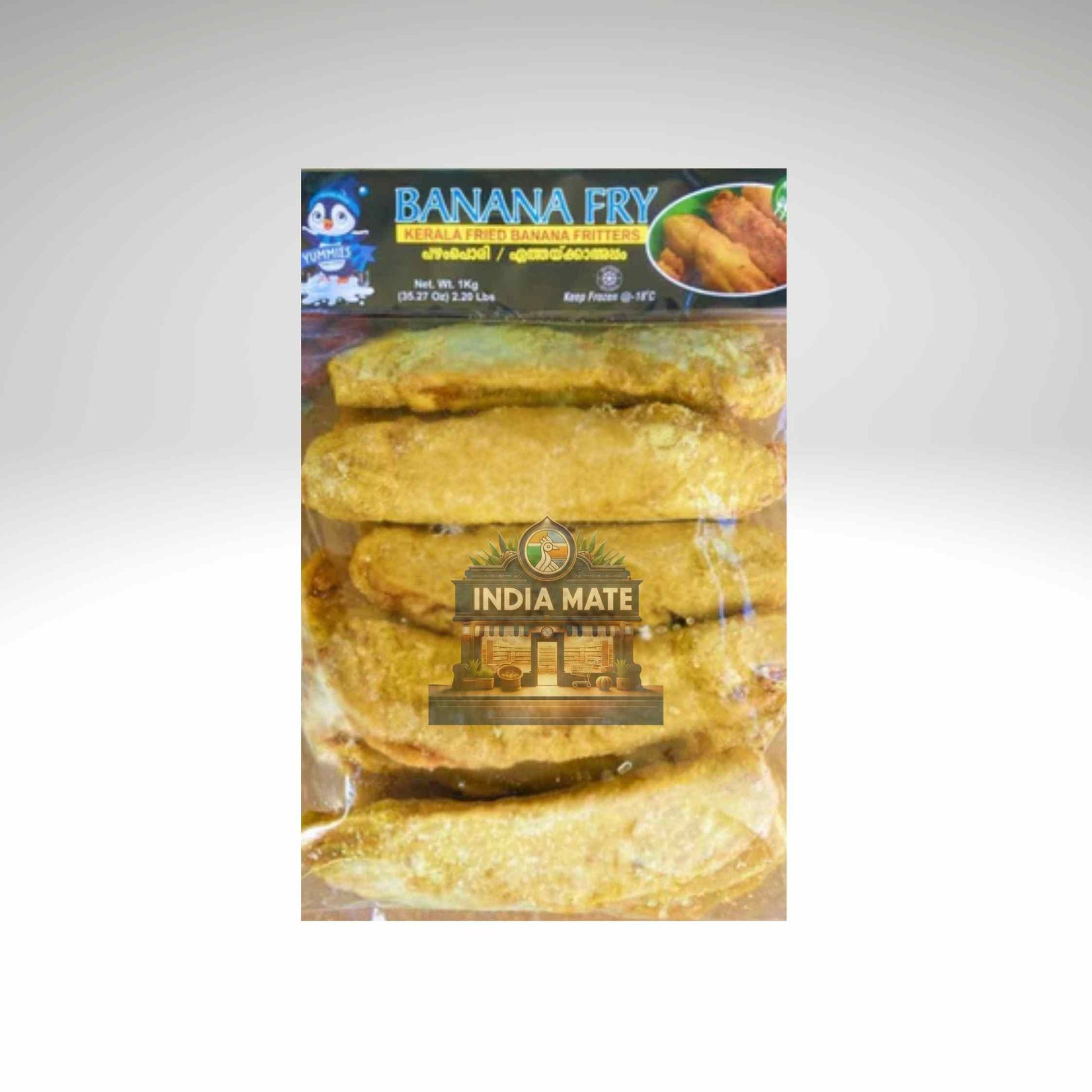 Packaged banana fry with 'India Mate' branding on a gray background